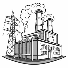 Industrial power plant with tall smokestacks emitting smoke and a large electricity pylon in the background representing energy production and industry