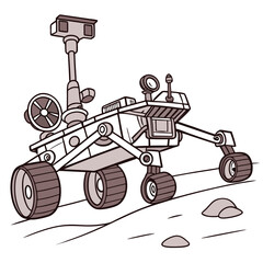 A whimsical cartoon illustration of a mars rover with six wheels exploring a rocky extraterrestrial landscape featuring a camera mast and scientific instruments