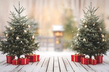 A Festive Christmas Scene with Two Decorated Christmas Trees Flanked by Stacks of Red Presents on a Rustic White Wooden Deck, Set Against a Softly Blurred Winter Background.