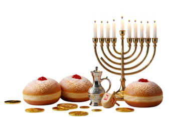 Hanukkah Celebration Menorah Sufganiyot and Dreidels isolated on transparent background