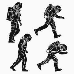 Four silhouettes of astronauts in space suits depicting different poses and movements against a white background © Shope3