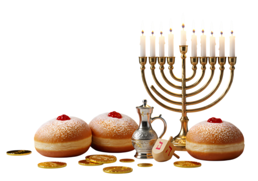 Hanukkah Celebration Menorah Sufganiyot and Dreidels isolated on transparent background