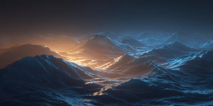Nightly mountain range illuminated by glowing light