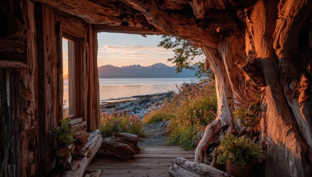 Wooden structure opening to a coastal sunrise