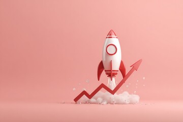 A cartoon rocket launching upward, with a red upward trend line emerging from a cloud of white