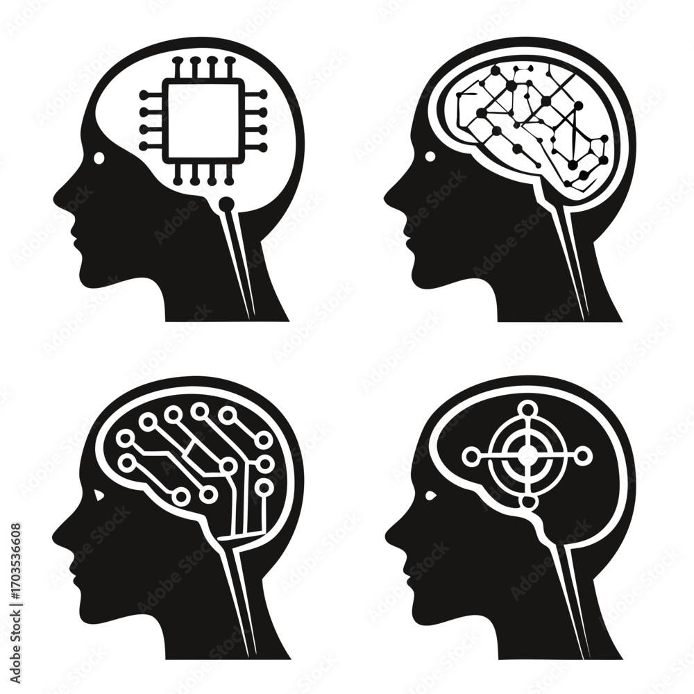 Aufkleber four silhouette heads displaying different concepts of artificial intelligence and technology integr