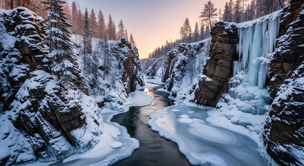 Majestic frozen waterfall in a snowy river canyon during a serene winter sunrise