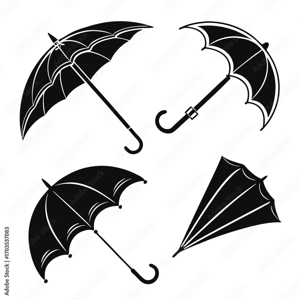 Poster collection of black silhouette umbrellas in various open and closed positions on a white background 