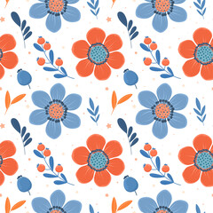 Autumn pattern with flowers and leaves, botanical elements in flat style.