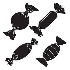 A collection of four black silhouettes of wrapped candies in various shapes and sizes on a white background