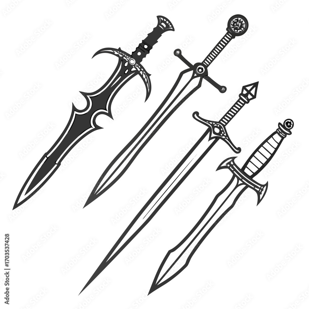 Poster collection of four distinct fantasy swords with intricate designs and sharp blades presented in a dy