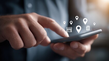 Hands using a phone with location services displayed