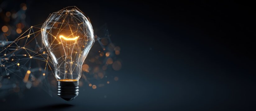 3D rendered lightbulb with glowing filament and a network of lines