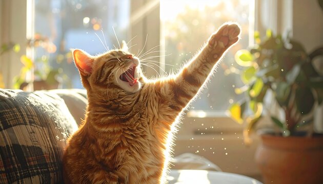 Ginger tabby cat stretching in bright sunlight indoors, mouth open, paw raised, with backlight and dust motes visible. - Powered by Adobe