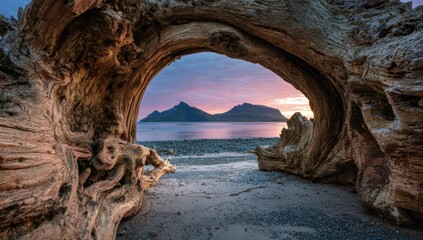 Driftwood arch framing sunrise over a beach