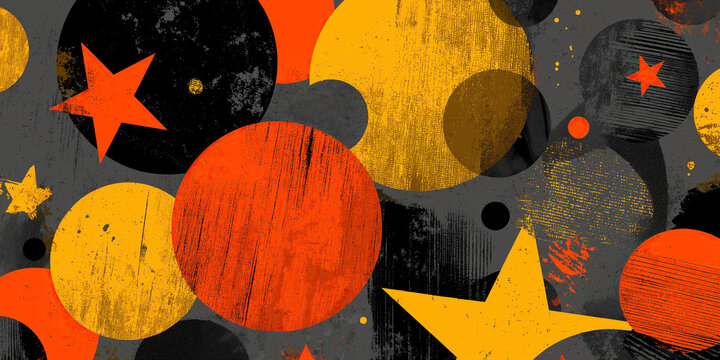 Bold geometric pattern combines distressed circles and stars in vibrant orange, yellow creating dynamic contemporary artistic background.