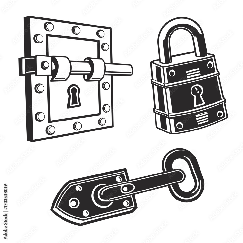 Poster a collection of vintage style black and white illustrations of a bolt lock a padlock and a key with 