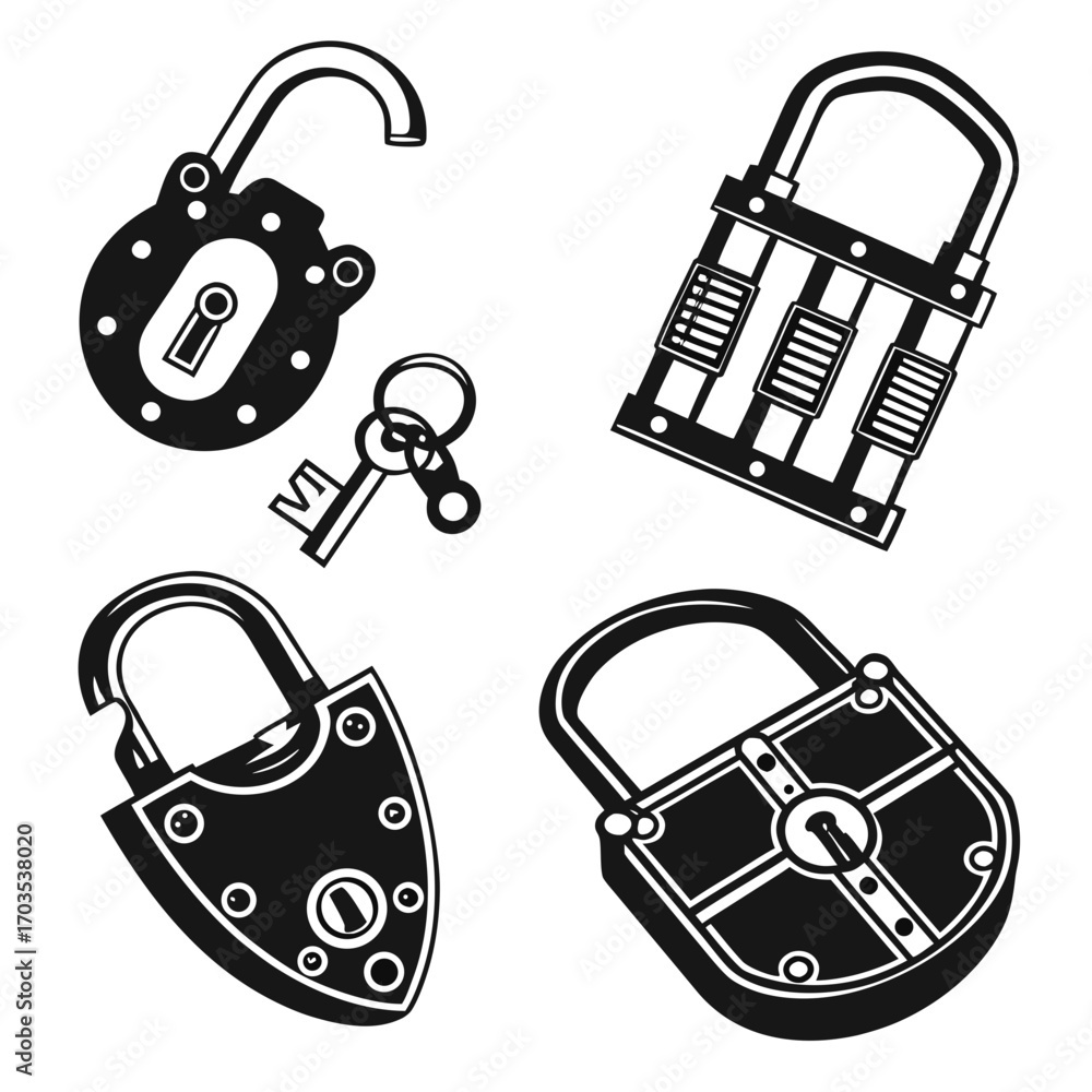 Poster a collection of four distinct black and white padlock icons with different designs including an open