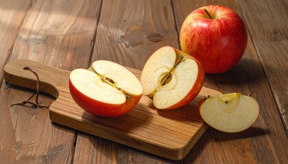 Juicy Red Apples Sliced on Wooden Board