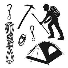 Silhouette of a mountaineer with backpack and ice axe surrounded by climbing gear including rope carabiners belay device and a tent symbolizing adventure and outdoor exploration © Shope3