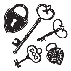Collection of ornate vintage antique black silhouette keys and locks with decorative heart shapes and intricate scrollwork on a white background representing security and access