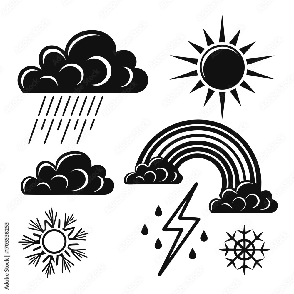 Poster collection of weather icons including sun rain clouds rainbow lightning snowflake and abstract sun s