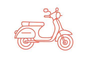 Red neon classic scooter outline isolated on transparent background, vibrant
