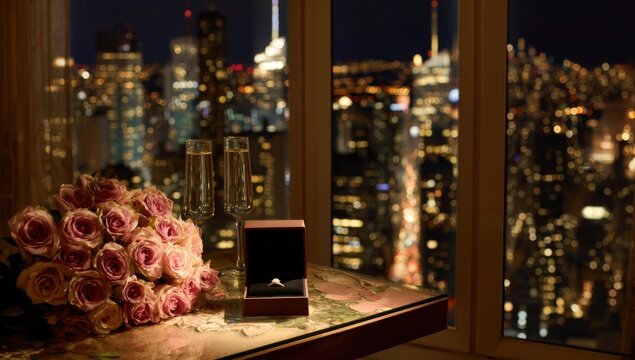 Romantic engagement proposal at night with city view - Powered by Adobe
