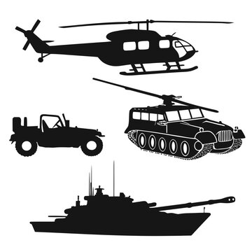 Collection of silhouettes featuring military vehicles including a helicopter a jeep a half track and a tank on a white background
