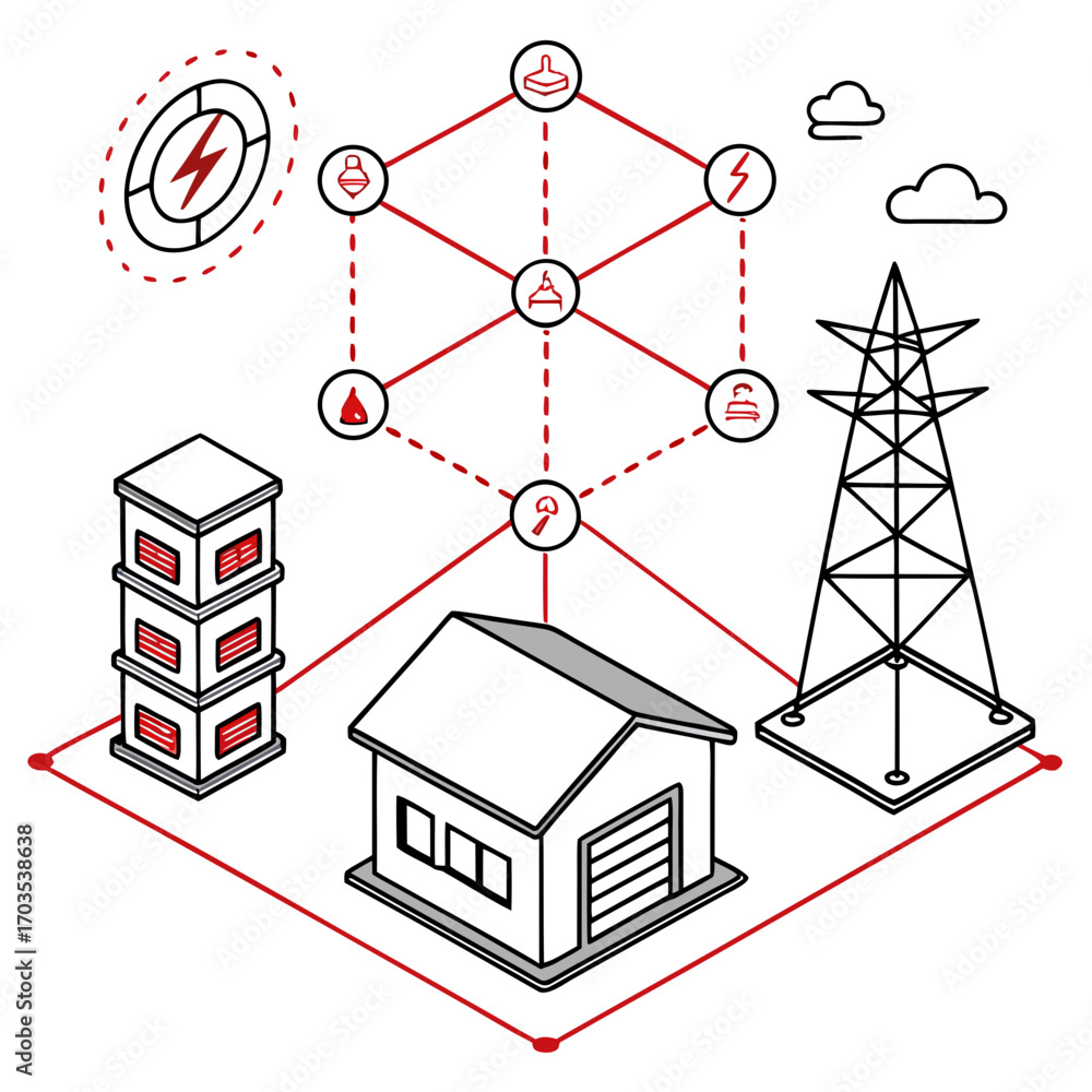 Aufkleber Conceptual illustration of a smart grid network connecting a house data center and power transmission tower with interconnected nodes representing energy distribution and control elements
