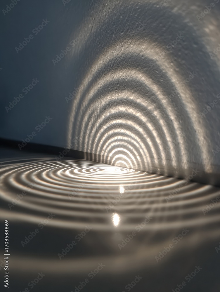 Poster light reflection creates mesmerizing ripple patterns on a wall and floor at sunset in a cozy indoor 