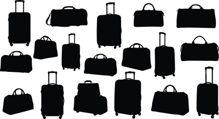 Silhouettes of assorted travel luggage bags, rolling suitcases, duffel bags, carry-on bags, travel gear, vacation packing essentials, travel accessories