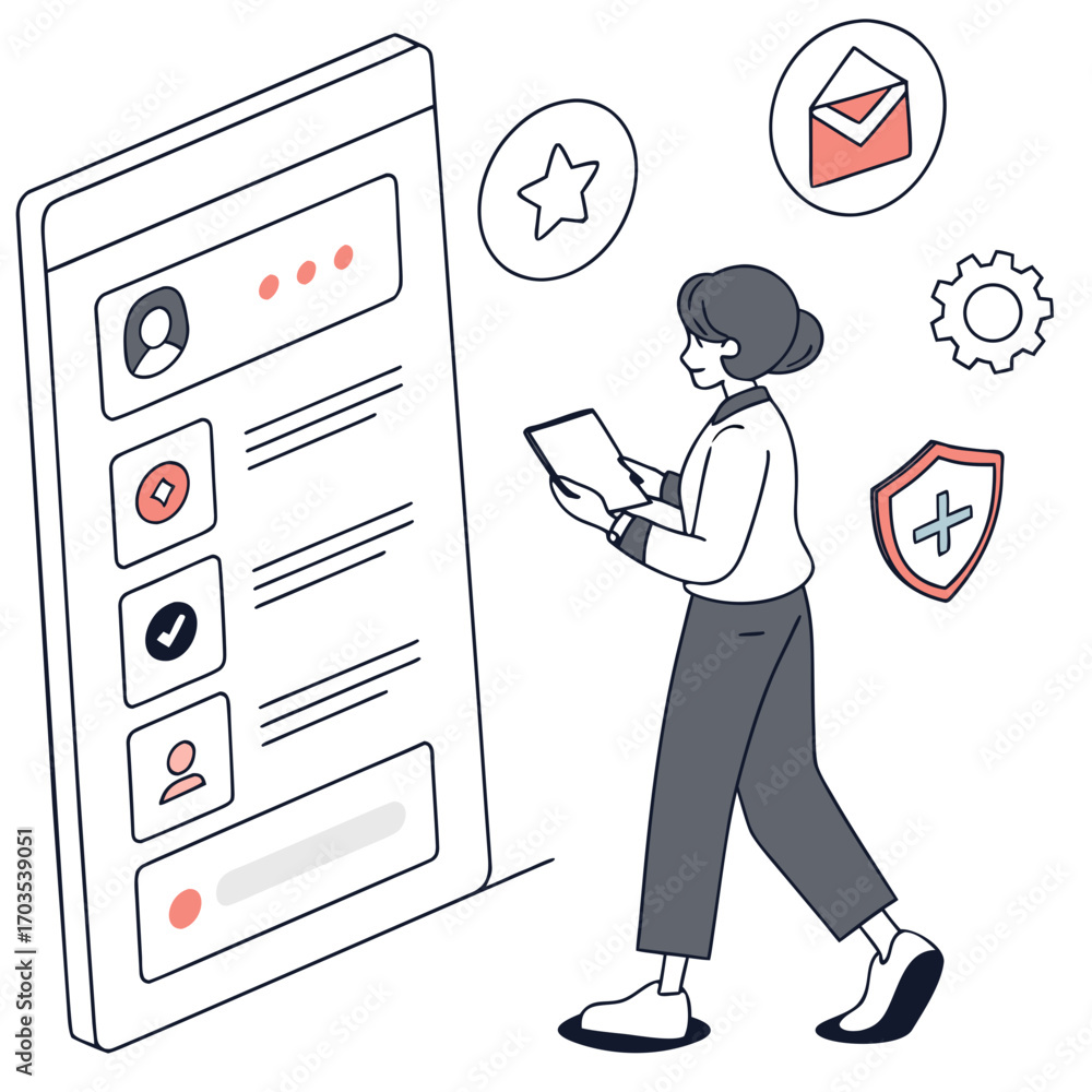 Poster a person interacting with a digital interface displaying user profiles and icons representing featur