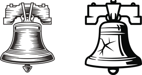 Liberty Bell: Intricate Line Art, Vintage Style, Intact and Cracked Versions, Black and White Illustration.