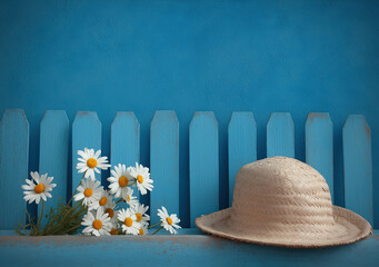 Woven straw hat sits beside white daisies against turquoise picket fence.