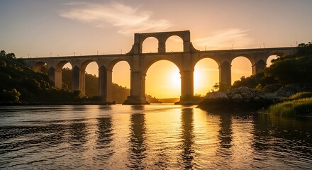 Obraz premium Majestic Aqueduct at Sunset - A Stunning Reflection on the Water.