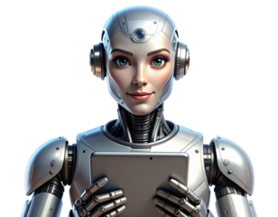 Friendly AI Robot with Advanced Data Display, White Background.