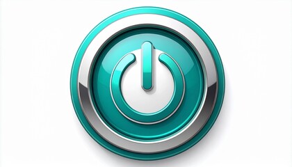 Glossy teal power button icon with metallic gradient on white background