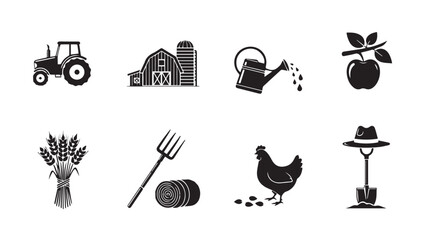 Collection of farm and agriculture icons in silhouette style