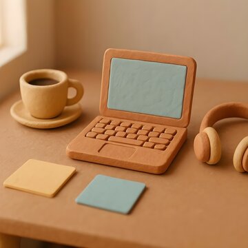Cozy 3D clay home workspace with laptop, coffee and headphones  a warm remote work productivity concept