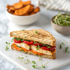 Delicious toasted panini sandwich with grilled chicken and fresh vegetables