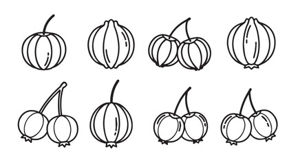Collection of various fruit silhouettes with stems and leaves silhouette