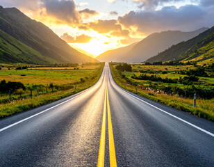 Naklejka premium Highway with Smooth Black Asphalt and Double Yellow Center Lines