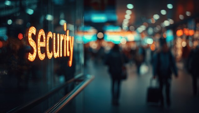Blurred night scene with security sign