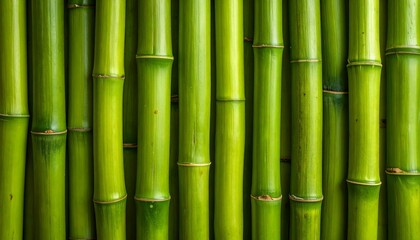 Vertical green bamboo stalks with segmented nodes and smooth texture