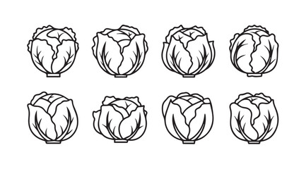 Collection of eight hand drawn cabbage vegetable silhouettes in a row