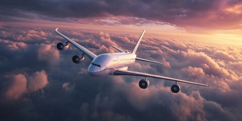 Majestic airplane soaring above a dramatic sunset sky filled with fluffy clouds