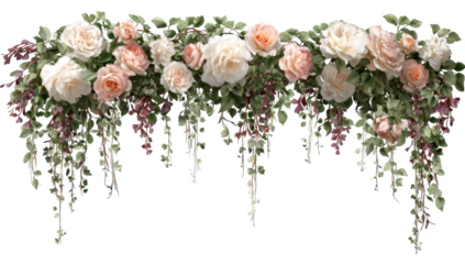 High quality photo of elegant floral arch arrangement with roses and greenery isolated on transparent background.