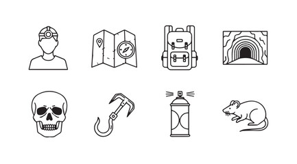 Collection of adventure and exploration themed icons in silhouette style