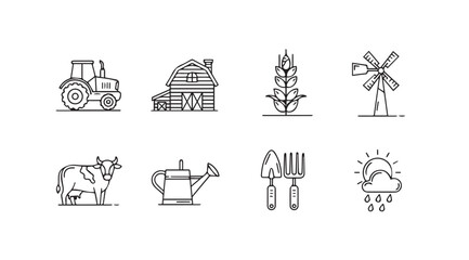 Collection of farm icons including tractor barn corn windmill cow watering can and rain silhouette © arif